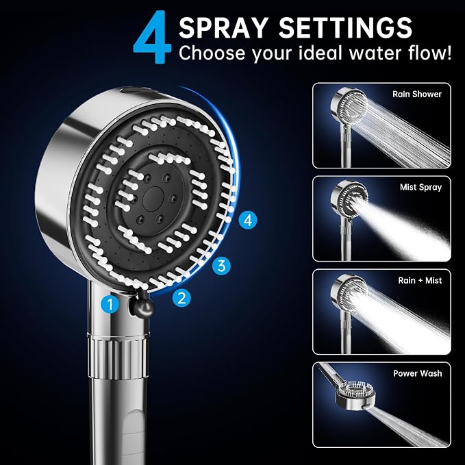 Filtered Shower Head with Handheld, Handheld Shower Head with Built-in Power Wash, High Pressure 4+1 Spray Mode Showerhead with Adjustable Flow Switch, Built-in Filter for Hard Water