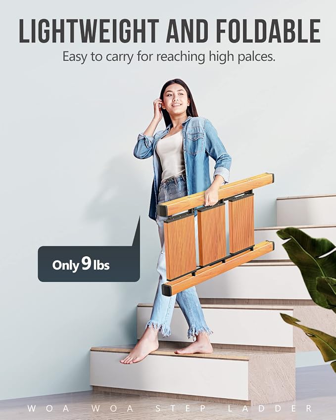 3 Step Foldable Step Stool, 300lbs Load, Wood Grain | Folded 36''H x 3''T; Net 9 lbs; Non-Slip Feet: Wood/Tile/Carpet; Rigid Aluminum Steps; No Assembly; Ready From Box.