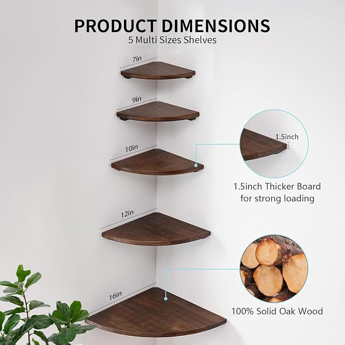 Gieanoo Corner Wall Shelf,7inch Solid Oak Wood Floating Corner Shelf with Wire Hole Corner Wall Storage Display Shelves for Living Room Bedroom Bathroom Kitchen(Walnut)