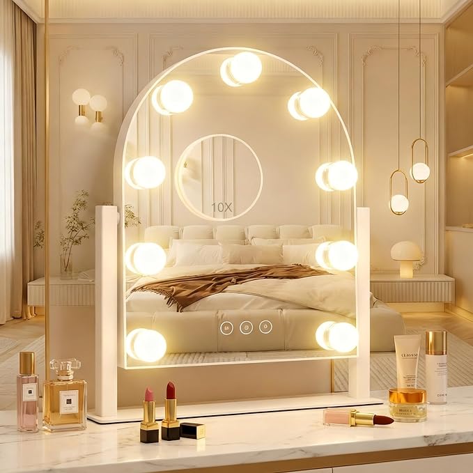 Arched Makeup Vanity Mirror with Lights,10X,Gold,14.17"x11.81" | Vanity Mirror with Detachable 10X Magnification Mirror, Rechargeable, 3 Color Lights,Smart Touch, 360‑Degree Swivel