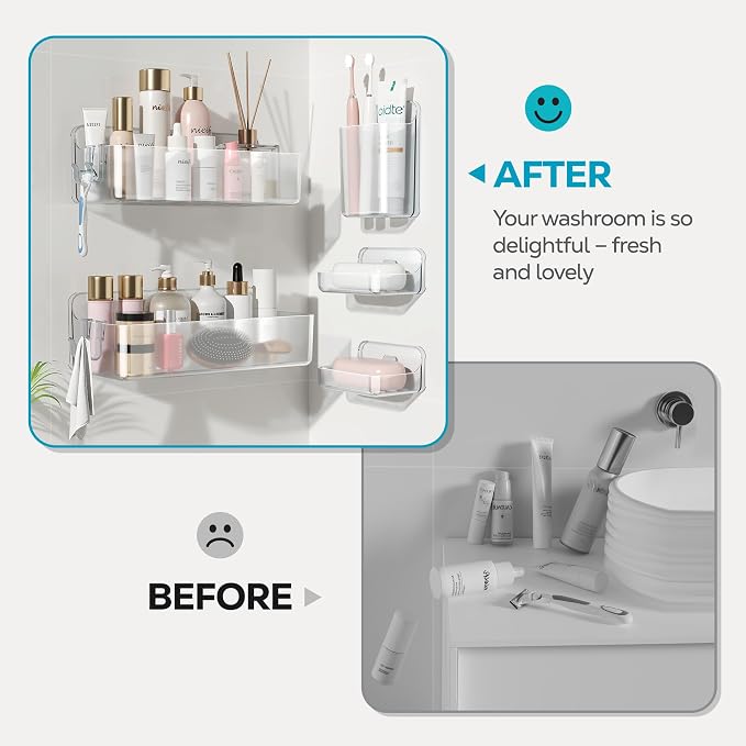 Nieifi Adhesive Shower Shelves, Clear, 5 Pieces | Rustproof ABS, Large Capacity, Removable Design, Easy-Clean, No Drilling Shower Organizer for Bathroom Storage & Home Decor