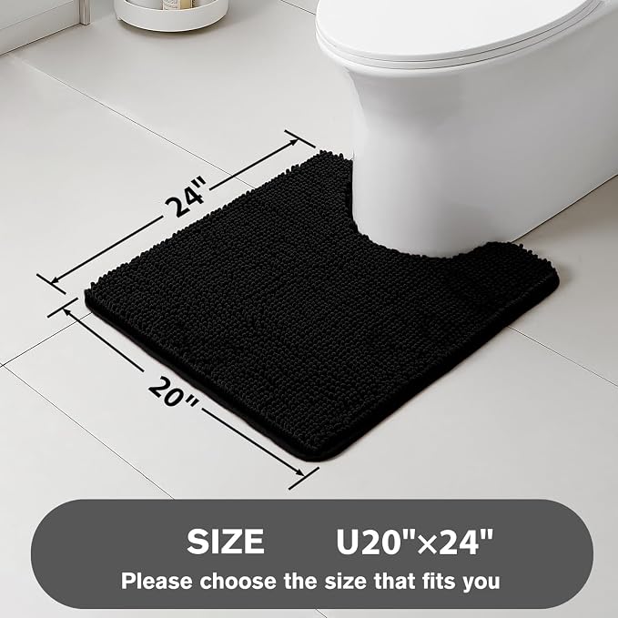 Black Toilet Rug U Shaped – Absorbent and Washable Contour Bathroom Rugs for Toilet, Non-Slip, Thick Soft Chenille Contoured Bath Mat - 20" x 24"
