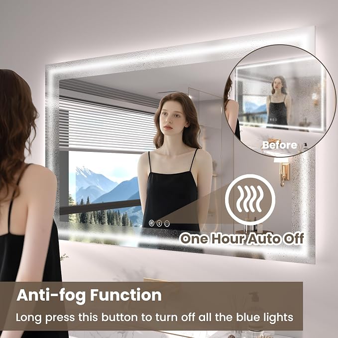 Snowdool 48 x 40 in LED Bathroom Mirror, Front and Backlit, Anti-Fog | Front and Backlit, 3 Color Temperatures, Anti-Fog, Tempered Glass