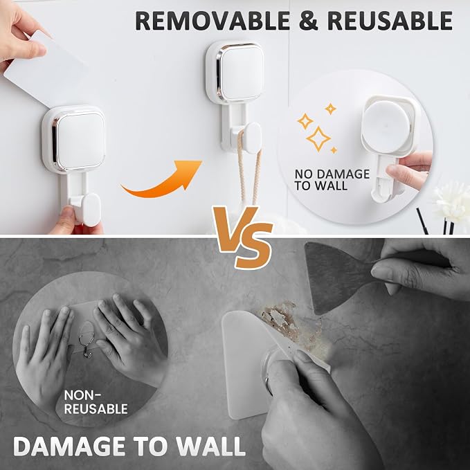 Suction Cup Hooks for Inside Shower 4 Pack, Versatile Powerful Vacuum Suction Shower Holders for Towel, Loofah, Clothes, Damage Free Wall Hanging Bathroom Hooks, Easy to Install, White