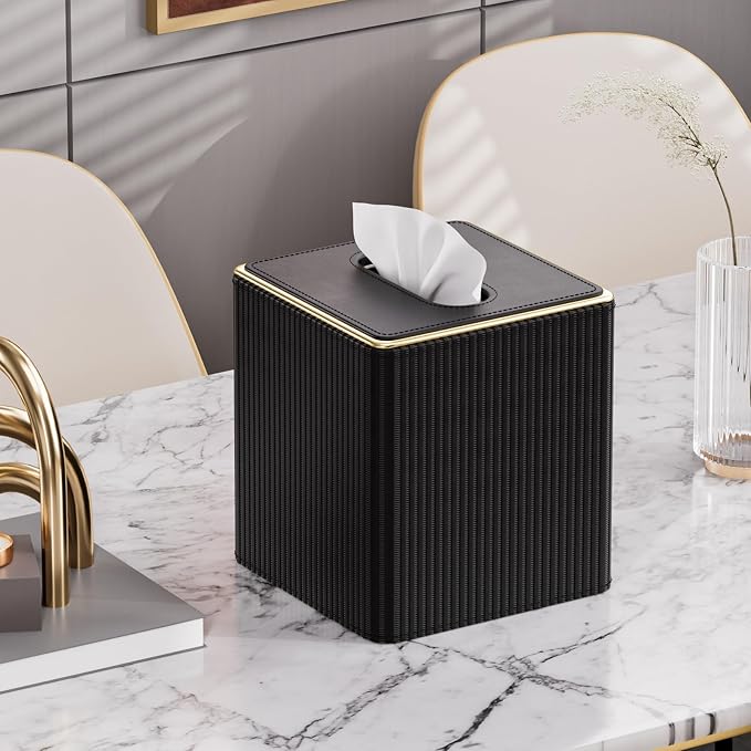 GORESE Square Tissue Box Cover with Gold-Tone Edging, PU Leather Tissue Box Holder for Kleenexs, Decorative Tissue Cover for Bathroom Living Room Car, Modern Cube Kleenexs Holder, Black