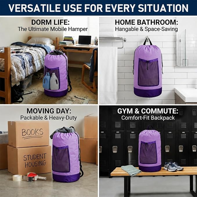 Backpack Laundry Bag, Durable polyster Laundry Backpack Bag with Shoulder Straps, Drawstring Closure & Mesh Pocket, Large Clothes Hamper for Dorm, Travel, Laundromat (Purple)