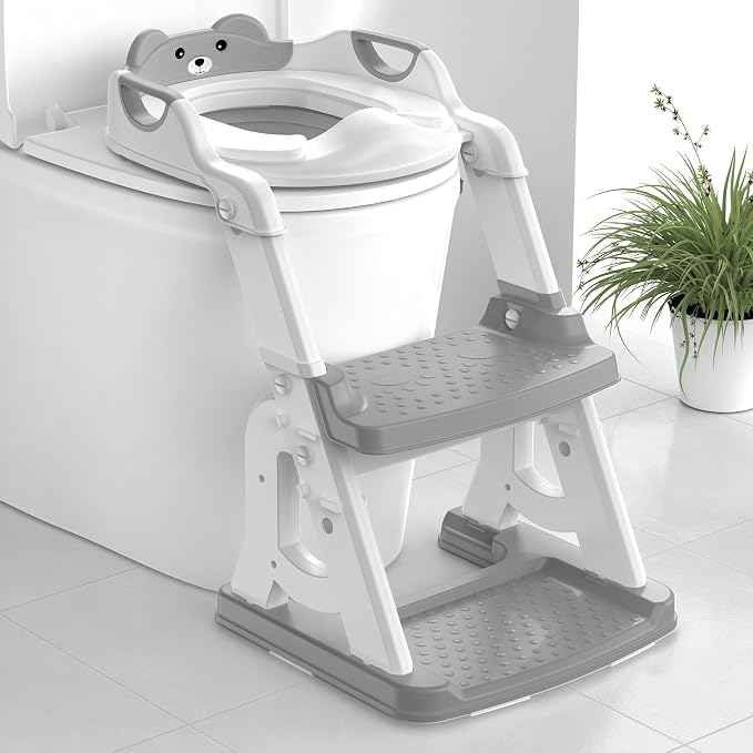 Meulife Potty Training Seat, Upgrade 2 in 1 Potty Training Toilet for Toddler, Toddler Toilet Seat for Boys Girls with Support Bar, Anti-Slip Pad and Step Stool (Grey)