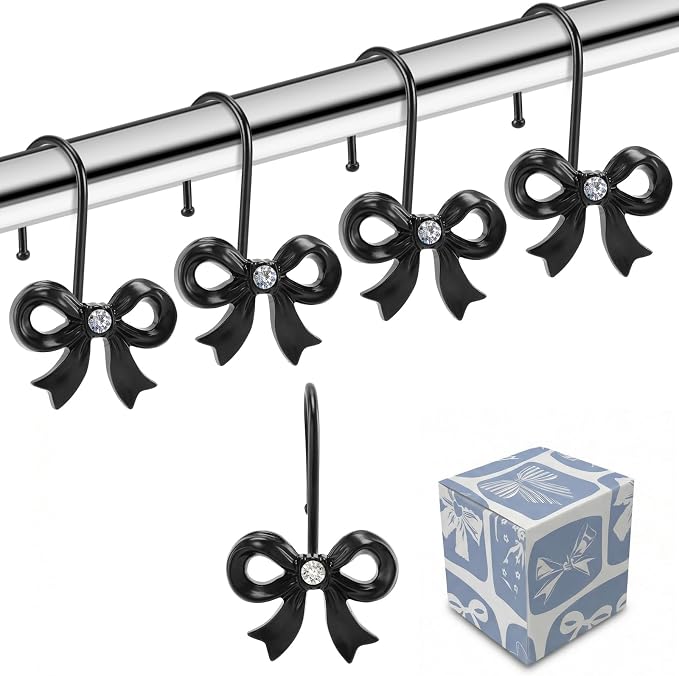 Bow Shower Curtain Hooks, 12-Pack Black Metal Decorative Bow Knot Rings | Rust-resistant metal rings with black bow knot accents add decorative charm to bathrooms, guest baths