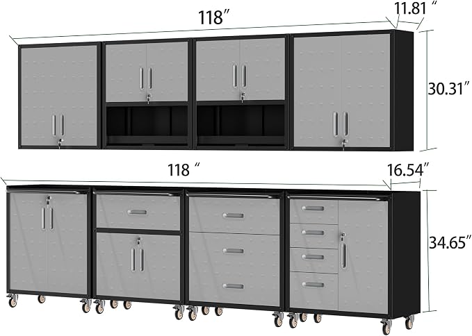 Garage Storage Cabinet System,Wall Cabinet & Locking Rolling Tool Cabinet with Doors and Adjustable Shelves