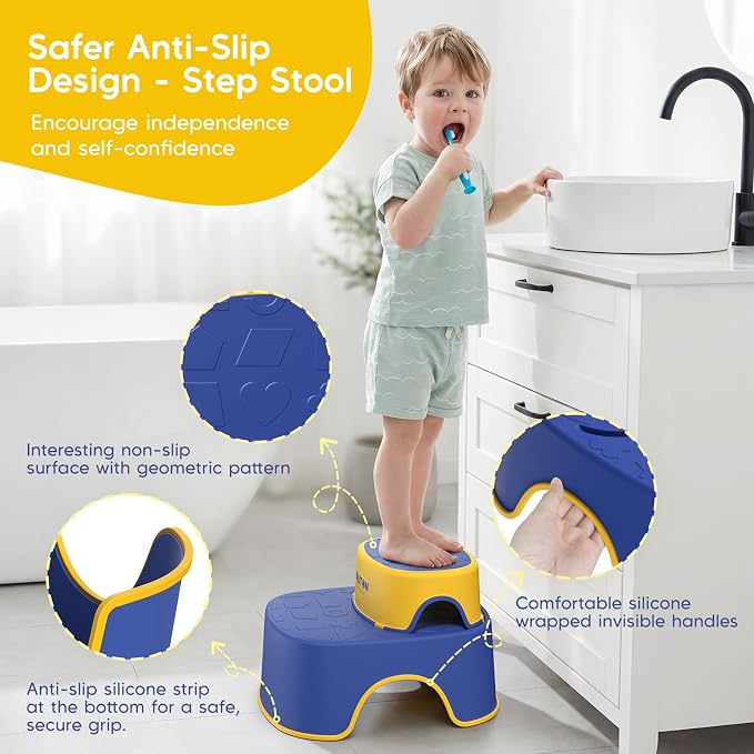Maliton Potty Training Toilet Seat & Step Stool, 2-in-1 Anti-Slip Blue | Potty Seat + Separate Step Stool, Adjustable Fits More Toilets, Anti-Slip, Sturdy, Splash Guard, Easy clean，Boys & Girls.