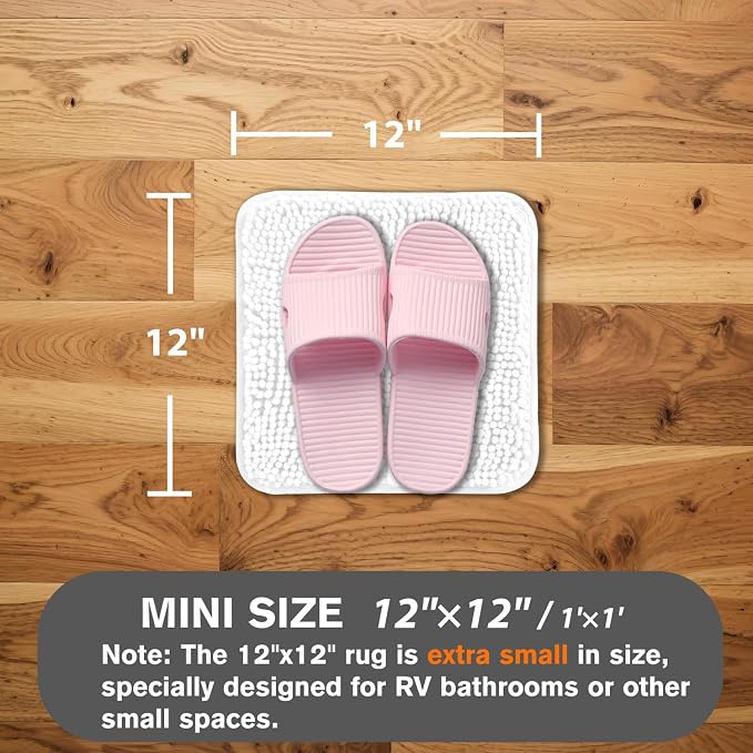 Small Bathroom Rug 12"x12" – Washable and Absorbent Mini Bath Mat, Non Slip, Thick Soft Chenille Bath Rugs for Bathroom, Shower, Locker Rug(White)