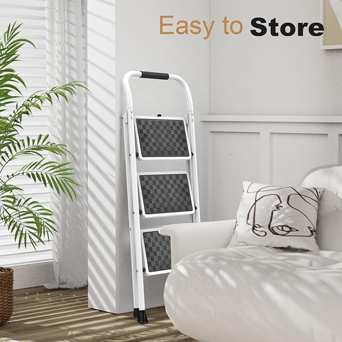 HBTower 3 Step Ladder, 3 Step Stool for Adults Folding Step Stool | with Cushioned Handle with Wide Anti-Slip Pedal Ergonomic Design