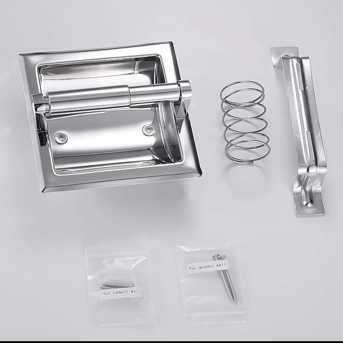 POKIM Polished Chrome Recessed in-Wall Toilet Paper Holder, 304 Stainless Steel Space Saving Bathroom Tissue Roll Dispenser with Rear Mounting Bracket