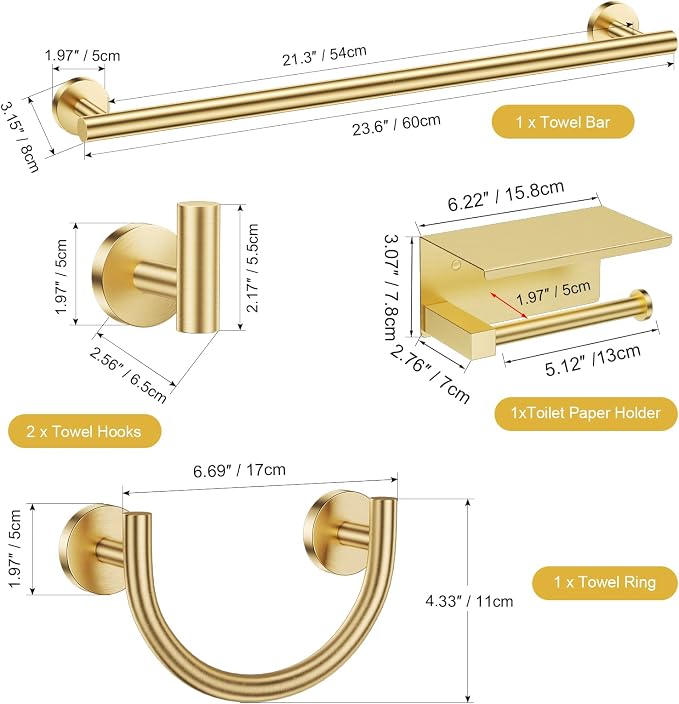 TURS 5-Pieces Brushed Gold Bathroom Hardware Accessories Set 23.6inch SUS304 Stainless Steel Towel Bar Set Wall Mounted Toilet Paper Holder with Shelf