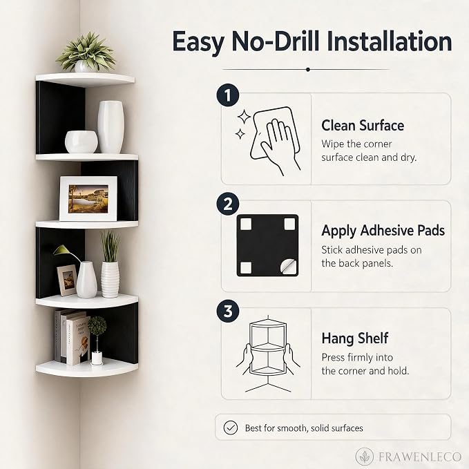No-Drill Corner Shelf Wall Mount, 5-Tier Floating Corner Bookshelf with Hooks, Space-Saving Zigzag Plant Shelf for Bedroom, Living Room, Bathroom, Home Office(White & Black)
