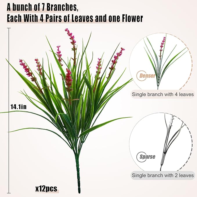 alyptus 12 Bundles Artificial Plants Outdoor Fake Monkey Grass with Flowers for Pot Garden Verandah Decor (Pink Flowers)