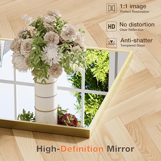 24"x36" Bruhed Gold Rectangle Vanity Bathroom Mirror, Set of 2 | Aluminum Alloy Frame, Clear Reflection, Rust-Resistant, Vertical or Horizontal, Wall Mount, Bedroom and Entryway