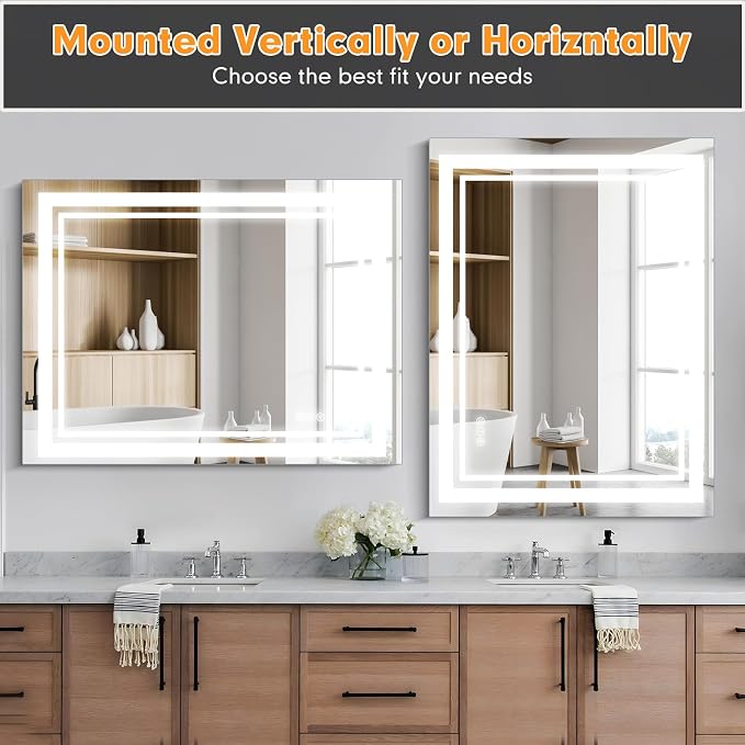 24"x32" LED Bathroom Mirror with Lights, Backlit + Front Lit Smart Bathroom Vanity Mirror, Anti-Fog, Stepless Dimmable, Memory Function, Shatterproof Tempered Glass for Wall