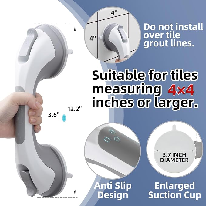 Shower Grab Bars,Suction Shower Handles,2 Pack,12.2",Grey | safety for elderly,seniors,showers,bathtubs&toilet,bathroom grip bar heavy duty rails,no drilling removable waterproof