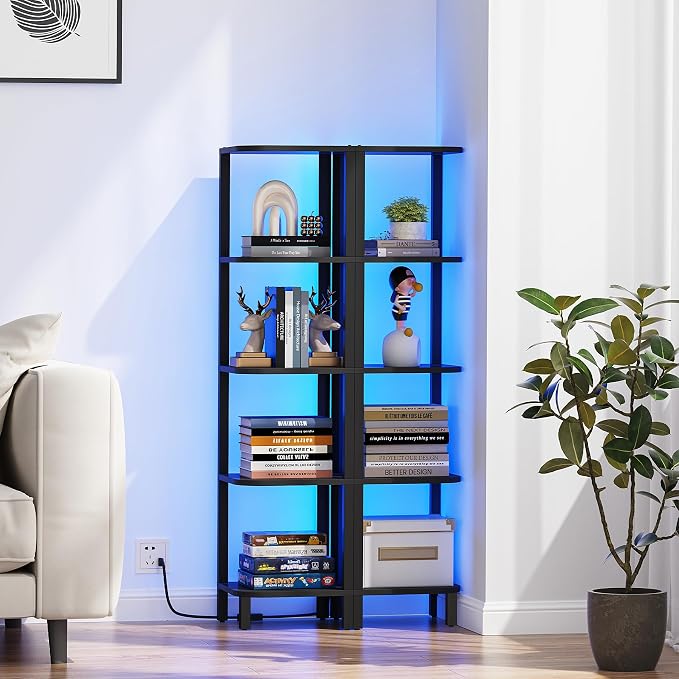 TUTOTAK Corner Shelf with LED Light, 5-Tier Corner Bookshelf | for Small Space, Narrow Display Corner Shelf Stand with Storage Rack, for Living Room, Bedroom, Black BS08BK005L