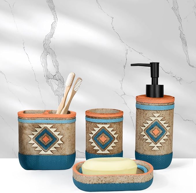 Bathroom Accessory Sets 4PCS Bathroom Accessories Set Complete Tribal Home Decor Southwest Pattern Shape Includes Lotion Dispenser Toothbrush Holder Tumbler Cup & Soal Dish