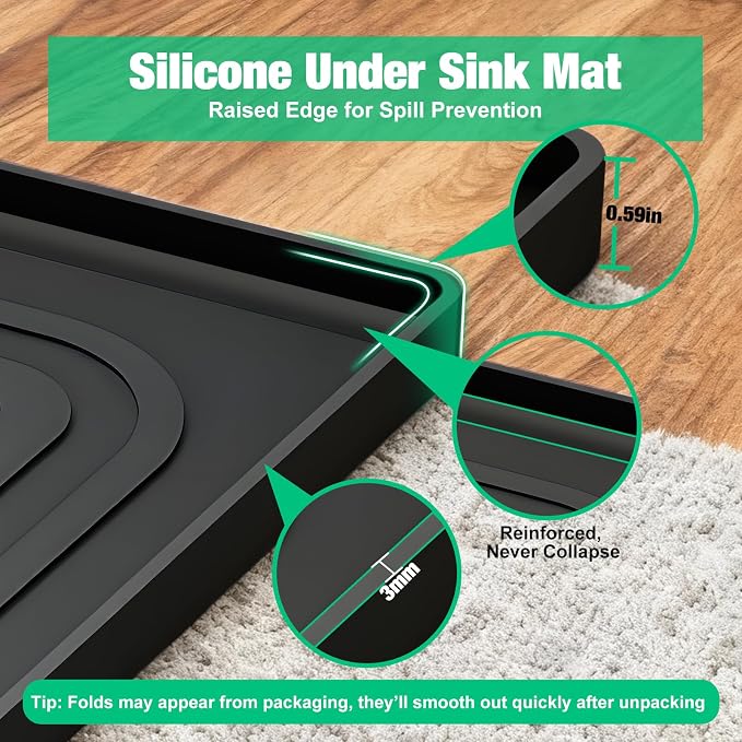 Under Sink Mat 28 X 19, Waterproof Silicone Cabinet Kitchen Liner, Black | BPA-Free Raised-Edge Cabinet Protector & Leak Tray for Bathroom Cabinets, Boots, Pet Feeding Dog & Cat Mats, Dishwasher Safe