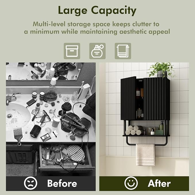RUSTOWN Fluted Bathroom Wall Cabinet with 2 Doors, 3-Tier Medicine Cabinet | Modern Farmhouse Wall Mounted Cabinets, Over The Toilet Storage Cabinet, Adjustable Shelf and Towel Bar, Small