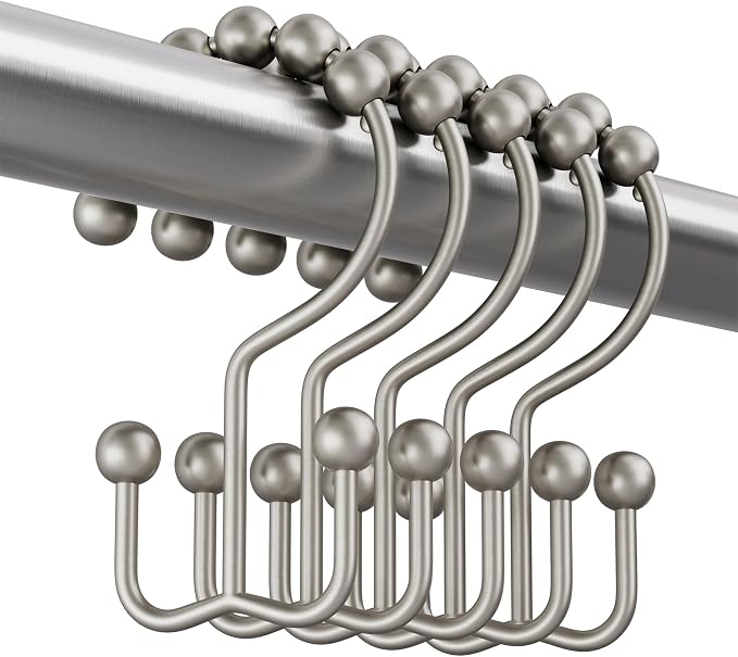 Shower Curtain Rings, Rust-Resistant Metal Double Shower Hooks for Curtain Rolling Shower Curtain Hooks Rings Shower Rings for Bathroom Shower Curtain Rod, Matte Nickel, Set of 12 Rings