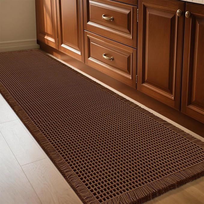Waffle Bath Mat Brown 5'x2', Boho Woven Modern Bath Mat Rugs, Absorbent Non Slip Bathroom Rugs, Soft Washable Bath Rugs with Tassels for Bathroom, Bedroom, Kitchen, Shower, Tub