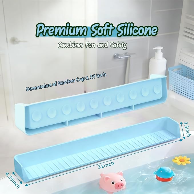 Kids Bathtub Splash Guard, Shelf & Toddler Bath Toy Tray -Blue | Bathtub Splash Guard PlayPad Shelf Area with Strong Suction Cups, Bathtub Ledge Guard, Fun Bath Time for Toddlers Baby