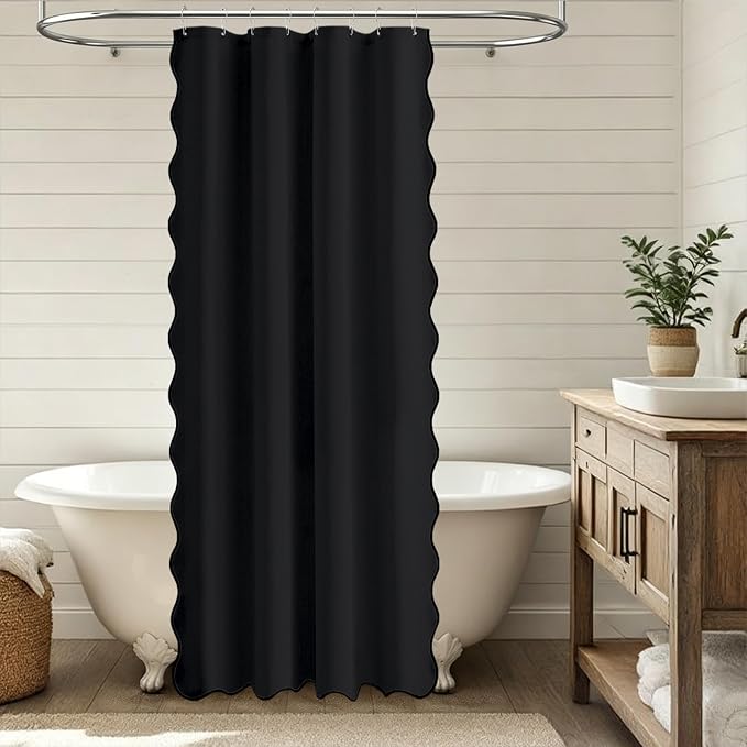 48x72 Boho Scalloped Linen Textured Cloth Shower Curtain Set, Black | Stall Size, 230GSM Waterproof Polyester, Heavy Duty Fabric, 8 Plastic Hooks, Elegant Modern Farmhouse Style, Machine Washable