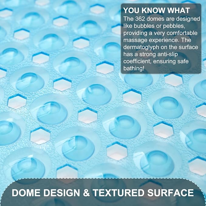 TEESHLY Bath Tub and Shower Mats, Non Slip 40 x 16 Inch Extra Large Bathtub Mat, Machine Washable Bathmat with Drain Holes, Suction Cups for Bathroom Floor, Clear Blue