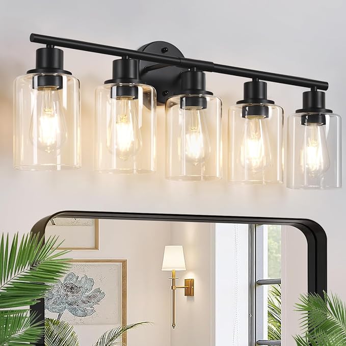 Zarbitta 5-Light Bathroom Light Fixtures, Black Modern Vanity Lights with Clear Glass Shade, Bathroom Wall Lamp for Mirror Kitchen Living Room Hallway Cabinet Porch