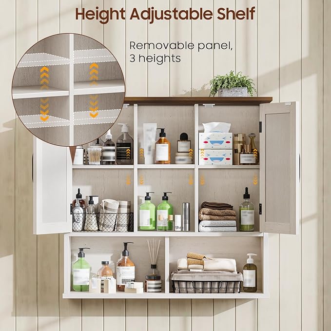 Vabches Bathroom Wall Cabinet, Farmhouse Medicine Cabinet with Double Barn Door and Adjustable Shelves, Wooden Vintage Storage Cabinet Wall Mounted for Bathroom, Kitchen Dining, Rustic White