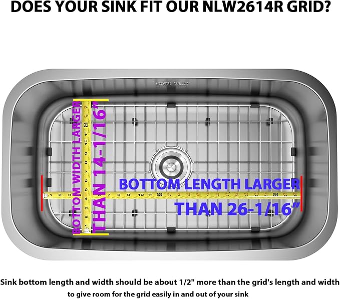 Serene Valley Sink Protector Grid 26-1/16" x 14-1/16", Rear Drain with Corner Radius 3-1/2", 304 Stainless Steel Material NLW2614R