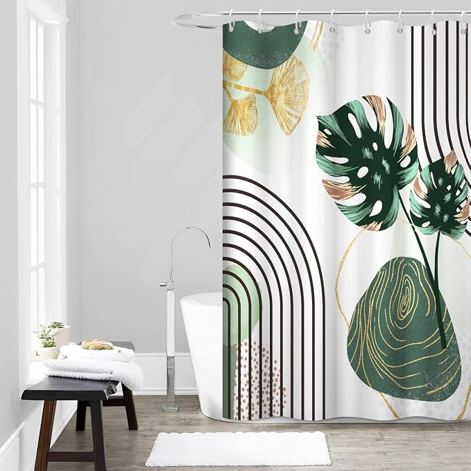 Boho Green Shower Curtain with Hooks for Bathroom 6072 Inch | Waterproof Abstract Green and Gold Leaves Shower Curtain Set, Mid Century Bathroom Decor