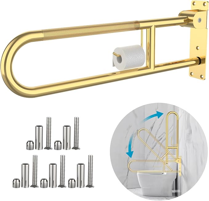 Flip Down Toilet Grab Bar 32 Inch Gold, Munzong Anti-Slip Handicap Grab Bar | with Paper Holder Flip-Up Bathroom Safety Rails Stainless Steel Knurled Support handrails for Seniors Elderly Disabled