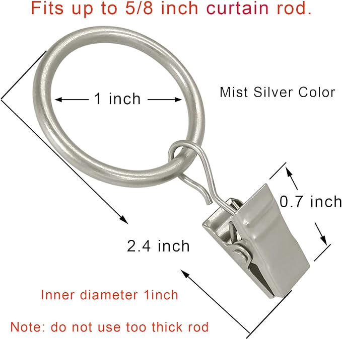 LLPJS 44 Pack Curtain Rings with Clips, Curtain Clip Rings Hooks, Bow Hanger Clips for Hanging Drapery Drapes Bows, Ring 1 inch Interior Diameter, Fits up to 5/8" Rod, Matte Silver