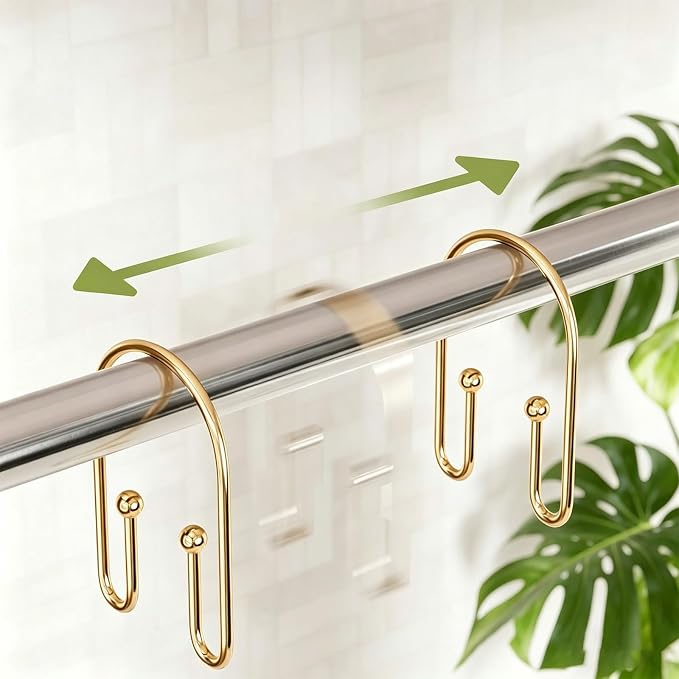 BBV Shower Curtain Hooks Rings, 12 Pcs Rust Resistant Metal Double Glide Shower Hooks for Bathroom Shower Rods Curtains (Gold)