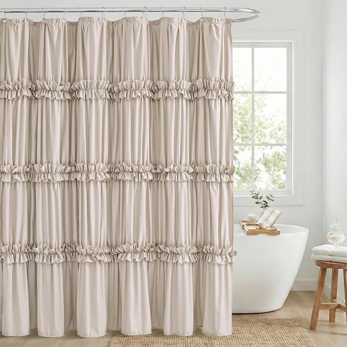 LIPA Boho Shower Curtain Rustic Ruffle Shower Curtain with Ruched & Bow Vintage Farmhouse Shower Curtains for Bathroom Bohemian Bathroom Decor(Beige,72x72 Inches)