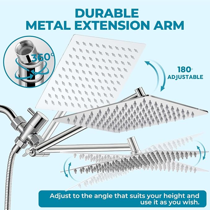 Shower Head, Rain Shower Head with Handheld Spray Combo, 12Inch Adjustable High Pressure Rainfall Shower Head, Dual Showerhead Set with Extension Arm