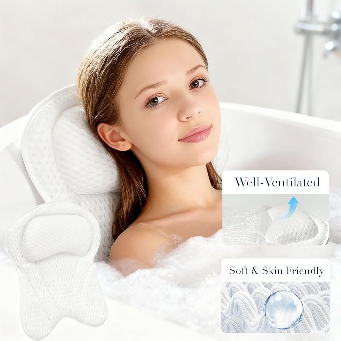 Luxury Bath Tub Pillows for Head and Neck, 4D Breathable Air Mesh Bath Pillow with Non-Slip Suction Cups, Ergonomic Back Support Spa Gifts