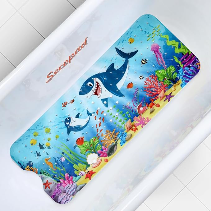 Secopad Bathtub Mat Non Slip, Cute Tub Mat, 40" x 16", Sharks | Rectangular, Anti-Slip, Machine Washable, with Drain Holes and Suction Cups,For Bathtub and Shower Floor, for Toddler & Kids
