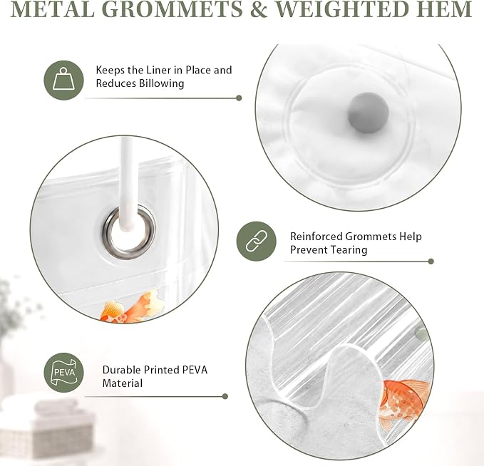 Clear Shower Curtain Liner, Goldfish Koi Fish PEVA, 72x72 Inch | Ocean Nature Waterproof Bath Plastic Shower Curtains Set with 3 Weighted Magnets and 12 Hooks for Bathroom Decor