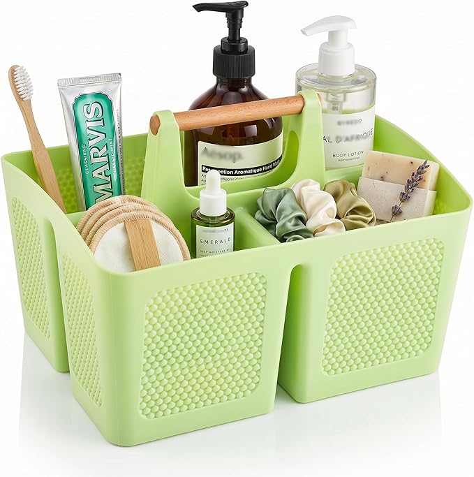 Plastic Green Shower Caddy Basket with 3 Compartments, Portable Divided Bathroom Cleaning Caddy Organizer Storage Tote with Handle for Dorm, College, Room Essentials