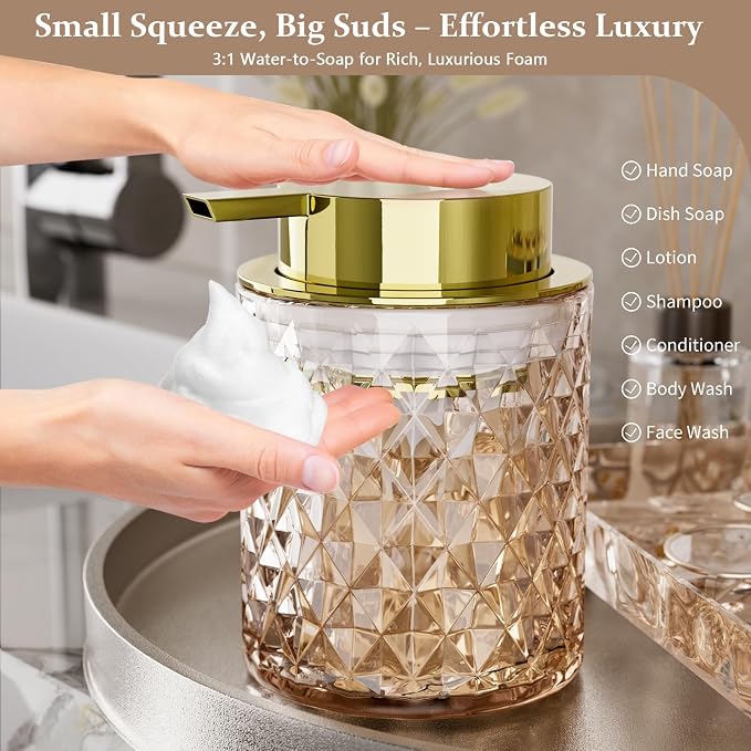 Glass Bathroom Accessories Set 5Pcs Crystal Brown - Foaming Soap Dispenser, Soap Dish, Cup, Acrylic Toothbrush Holder with Tray Organizer, Cotton Swab Jar, Bathroom Counter Set Sink Decor