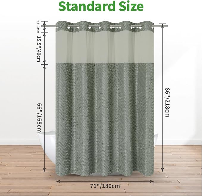 eachope no Hook Shower Curtain and Liner Set，Boho Style with See Through Top Window, SageGreen Fabric Tufted Striped Textured Outer Curtain & Waterproof Inner Liner, SageGreen, 71Wx86H