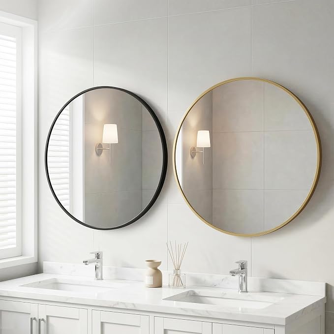 Sweetcrispy Round Bathroom Mirror for Over Sink, 36 Inch Wall Vanity Mirror | Matte Metal Frame Over Sink, Entryway Bedroom Decor, Hang Mounted Frame, Black