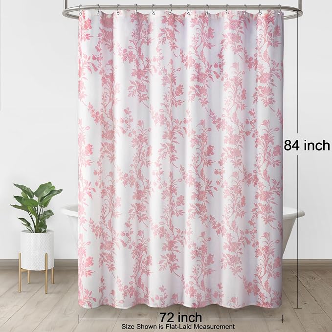 Pink Floral Shower Curtain,Vintage Cotton Cottagecore Shower Curtains for Bathroom, 72" W x 84" L