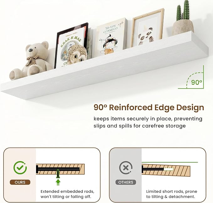 9.25in Depth 55in Floating Shelves, 55"W x 9.25"D x 1.5"H, White, 2Pcs | Long Wall Mounted Engineered Wood Shelves for Wall with Invisible Brackets for Living Room, Bedroom, Bathroom, Kitchen